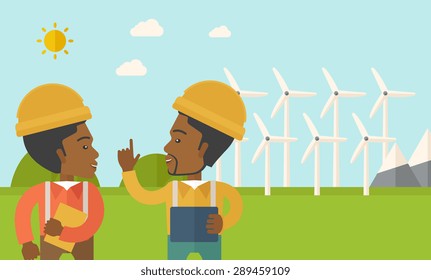 Two black workers wearing hard hat talking in front of windmills under the sun. A Contemporary style with pastel palette, soft blue tinted background with desaturated clouds. Vector flat design