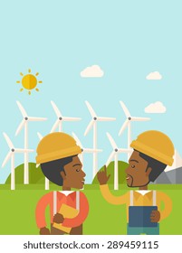 Two black workers wearing hard hat talking in front of windmills under the sun. A Contemporary style with pastel palette, soft blue tinted background with desaturated clouds. Vector flat design