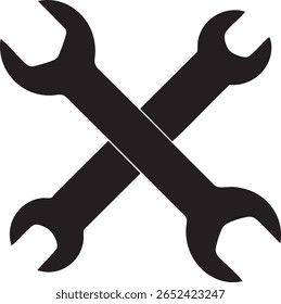 Two black wrenches crossed over each other isolated on transparent background	