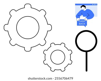 Two black-and-white gears, a magnifying glass, and a person holding a cash back sign. Ideal for technology, optimization, search, financial services, and business solutions. Modern simple design