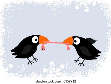 Two blackbirds fighting for worm - vector.