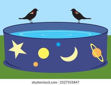 Two blackbirds are sitting on the edge of a swimming pool