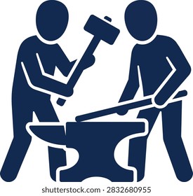 Two blacksmiths forging metal on an anvil with hammer
