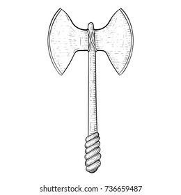 Two bladed viking axe. Hand drawn sketch. Vector illustration isolated on white background