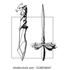 Two blades drawn in ink. A blade with a hilt of a wolf and a blade with a hilt of a dragonfly. Weapon design. Black and white vector drawing of a weapon
