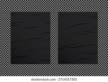 Dois modelos de maquete de cartazes de papel preto amassado em branco definidos contra um fundo transparente