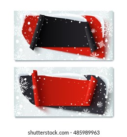 Dos Plantillas de vales de regalo de invierno, en blanco, Black Friday, con Anuncios abstractos, nieve y copos de nieve. Ilustración vectorial.