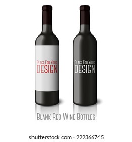 Two blank black realistic bottles for red wine isolated on white background with reflection and place for your design and branding. Vector