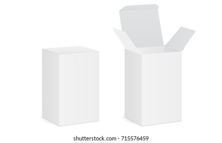 Two blank cardboard boxes, opened and closed. Packaging mockups for medical ointment, pharmaceutical pills, drug or tablets. Vector illustration