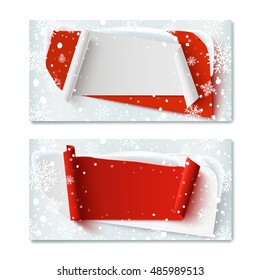 Two, Blank, Christmas Time, Winter Gift Voucher Templates, With Abstract Banners, Snow And Snowflakes. Vector Illustration.