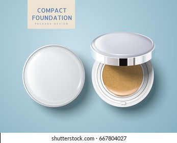 two blank cosmetic foundation cases, one half open, can be used as package design elements, isolated light blue background 3d illustration 