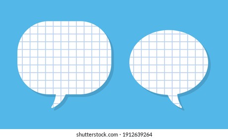 Two blank dialogue chat message speech bubbles, white squared sheet of note paper cut style shape frames vector template.
