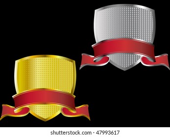 Two blank gold and silver shields with red banners-customize as needed