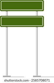 Two blank green road signs featuring white frames, positioned on sturdy metal poles, await the opportunity to convey essential information to drivers and pedestrians