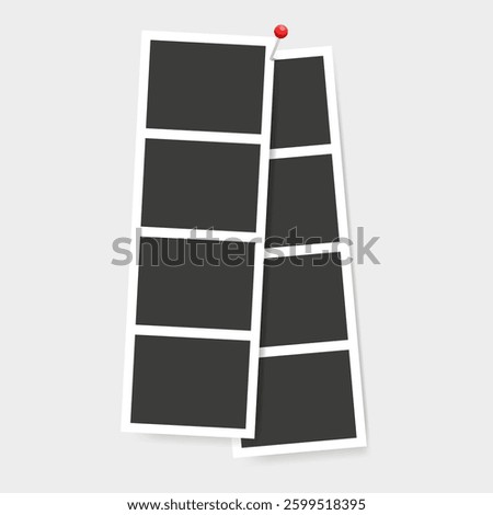 Two Blank instant photo booth stripe pinned thumbtacks on gray wall. Retro camera film tape mockup. Photography border frame template. Vector