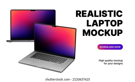 Two Blank Laptops Rotated and Front View. Realistic Device Mockups on White Background. Vector illustration