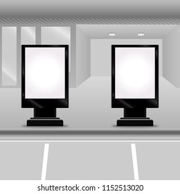 Two blank light box template on the city street, Outdoor advertising, Black billboard illustration,Mockup