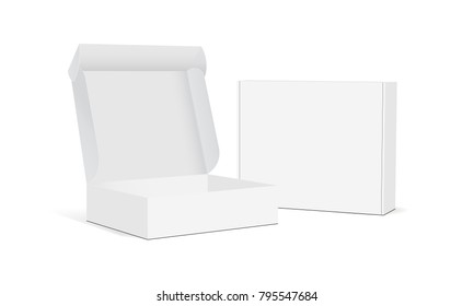 Две пустые упаковочные коробки - открытый и закрытый макет, изолированные на белом фоне. Векторная иллюстрация