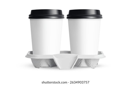 Two Blank Paper Coffee Cups With Black Caps In Cardboard Disposable Holder, Front View. Cup Carrier, Isolated On White Background. Vector Illustration