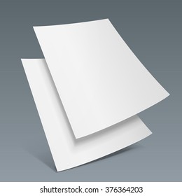 Two Blank Paper Leaflet, Flyer, Broadsheet, Flier, Follicle, Leaf A4 With Shadows. On Gray Dark Background Isolated. Mock Up Template Ready For Your Design. Vector EPS10