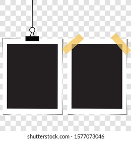 Two blank photo frames hanging on a clip. Black empty place for text or photo. Photo icon design template on transparent background. Vector illustration