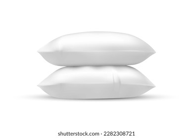 Two blank realistic pillows vector illustration. Mockup or closeup for bedroom or living room. Home decoration for advertising. Textile and sleep branding, cushion and furnishing, sleeping theme.