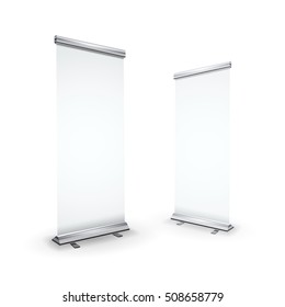 Two blank realistic roll-up banners with shadow isolated on white