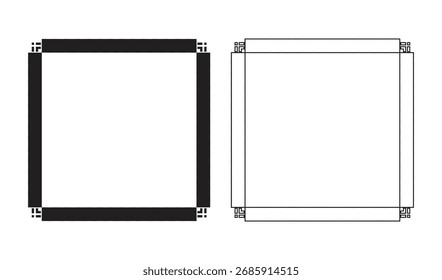 Two blank scroll frames, one solid black and one outlined, on a white background. Ideal for design templates.