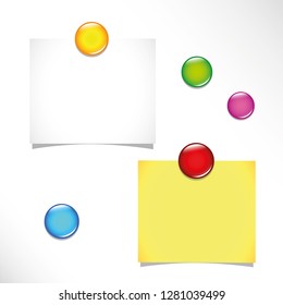 two blank sticky notes and colorful push pins on a bulletin board vector illustration EPS10