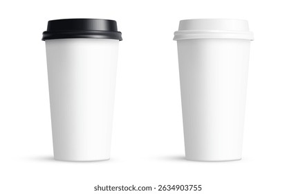 Two Blank Tall Paper Coffee Cups Mockups With Caps, Front View, Isolated On White Background. Vector Illustration