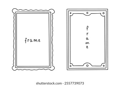 Two blank text frames and picture borders, empty hand drawn doodle, text box, decorative sticker. Vector illustration.