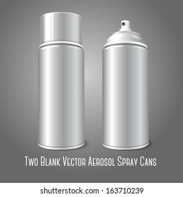 Two blank vector aerosol spray metal 3D bottle cans - opened and with cap. For paint, graffiti, deodorant, foam, cosmetics etc. 