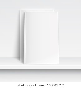 Two Blank White Magazines On White Shelf With Soft Shadows And Highlights. Vector Illustration. EPS10.