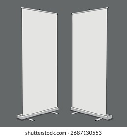 Two blank white retractable banner stands displaying empty advertising space vector