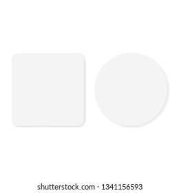 Two blank white round and square stickers mockup isolated on white background. Vector illustration