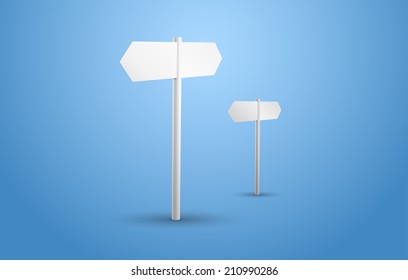 Two blank white signpost on a blue background