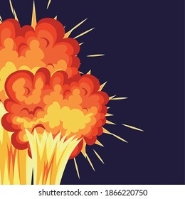dos explosiones con nubes de fuego de color naranja en un diseño de ilustración vectorial de fondo azul