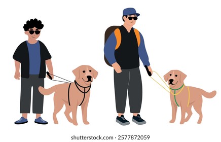 Two blind boy man with his dog guide walking outside