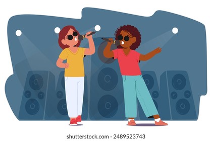 Dos Niños Ciegos Cantando Y Bailando Alegremente En El Escenario, Usando Gafas De Sol Y Sosteniendo Micrófonos. El Escenario Del Vector De Dibujos Animados Es Animado Con Efectos De Foco Y Grandes Altavoces En El Fondo