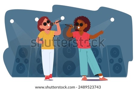 Two Blind Children Joyfully Singing And Dancing On Stage, Wearing Sunglasses And Holding Microphones. Cartoon Vector Scene Is Lively With Spotlight Effects And Large Speakers In The Background