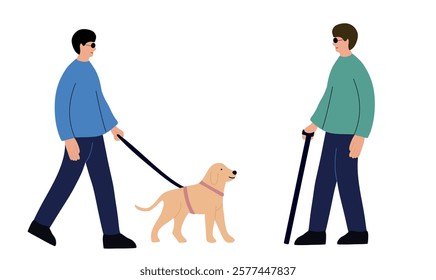 Two blind man and assistance guide dog walking outside 