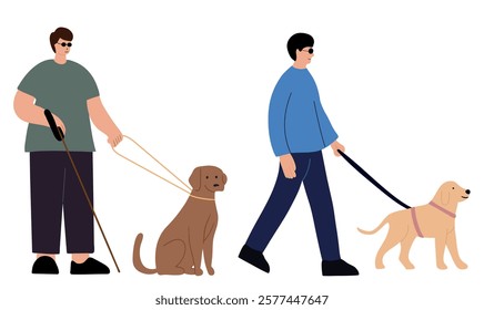 Two blind man with their assistance guide dog walking outside 