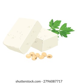 Two blocks of white tofu sit next to a few soy beans and a sprig of parsley against a clean white background, presented in a simple, fresh composition