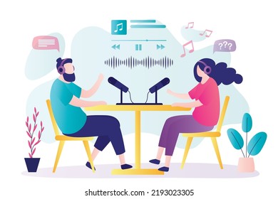 Two bloggers speaks into microphones. Stream, live on radio, workplace. Speakers communicates online, podcast concept. Interview, online talking. Audio recording, live broadcast, vector illustration