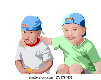 Two blonde boys in blue caps and t-shirts smiling. Holding each other. Vector