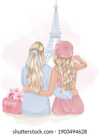 two blonde girls friends on pink background with Eiffel tower