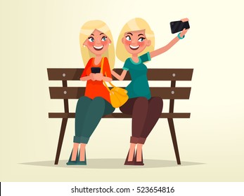 Two blonde girls sitting on a bench are doing selfie. Vector illustration in cartoon style