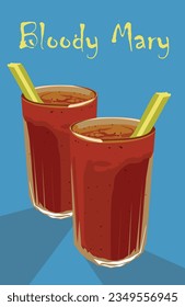 Two Bloody Mary cocktails on blue background and text: Bloody Mary