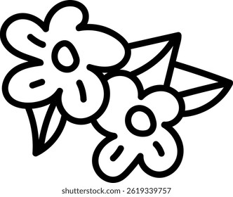 Two blossoms and leaves are depicted in a simple bold line style.  The image shows floral elements with a strong outline and minimal detail. Cartoon vector illustration