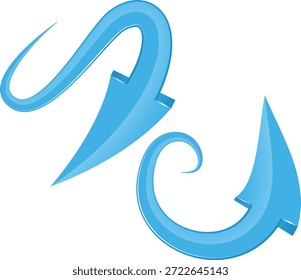 Dos flechas 3D azules con diseños únicos de gancho y cola en espiral con un acabado brillante reflectante sobre fondo blanco.